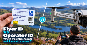 Flyer ID card side by side with Operator ID sticker on a drone, with man controlling drone. With lake and forests in the background.